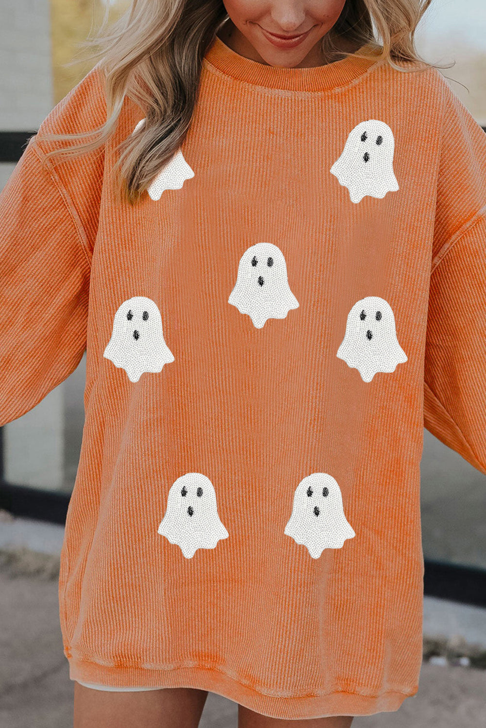 Orange Twisted Ribbed Texture Halloween Ghost Sequin Patched Sweatshirt