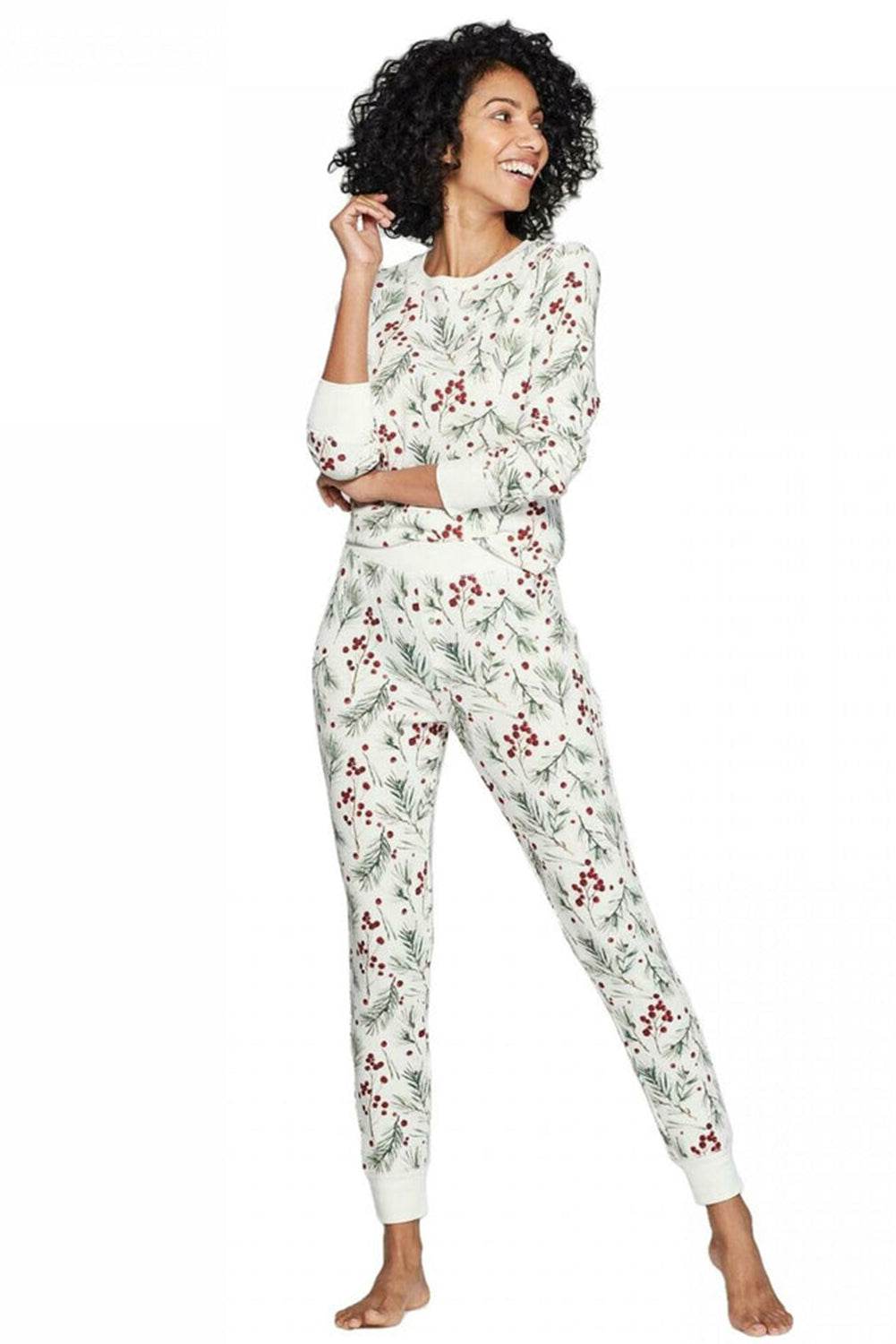 Festive White Holly Christmas Pajama Set Cozy Pullover & Pants - Styles Woman