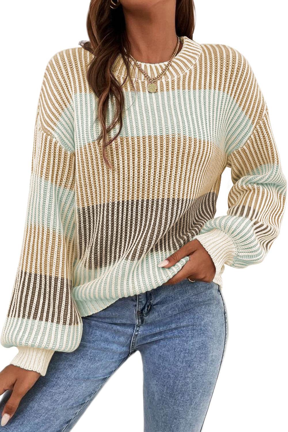 Multicolour Colorblock Lantern Sleeve Knitted Sweater - Styles Woman
