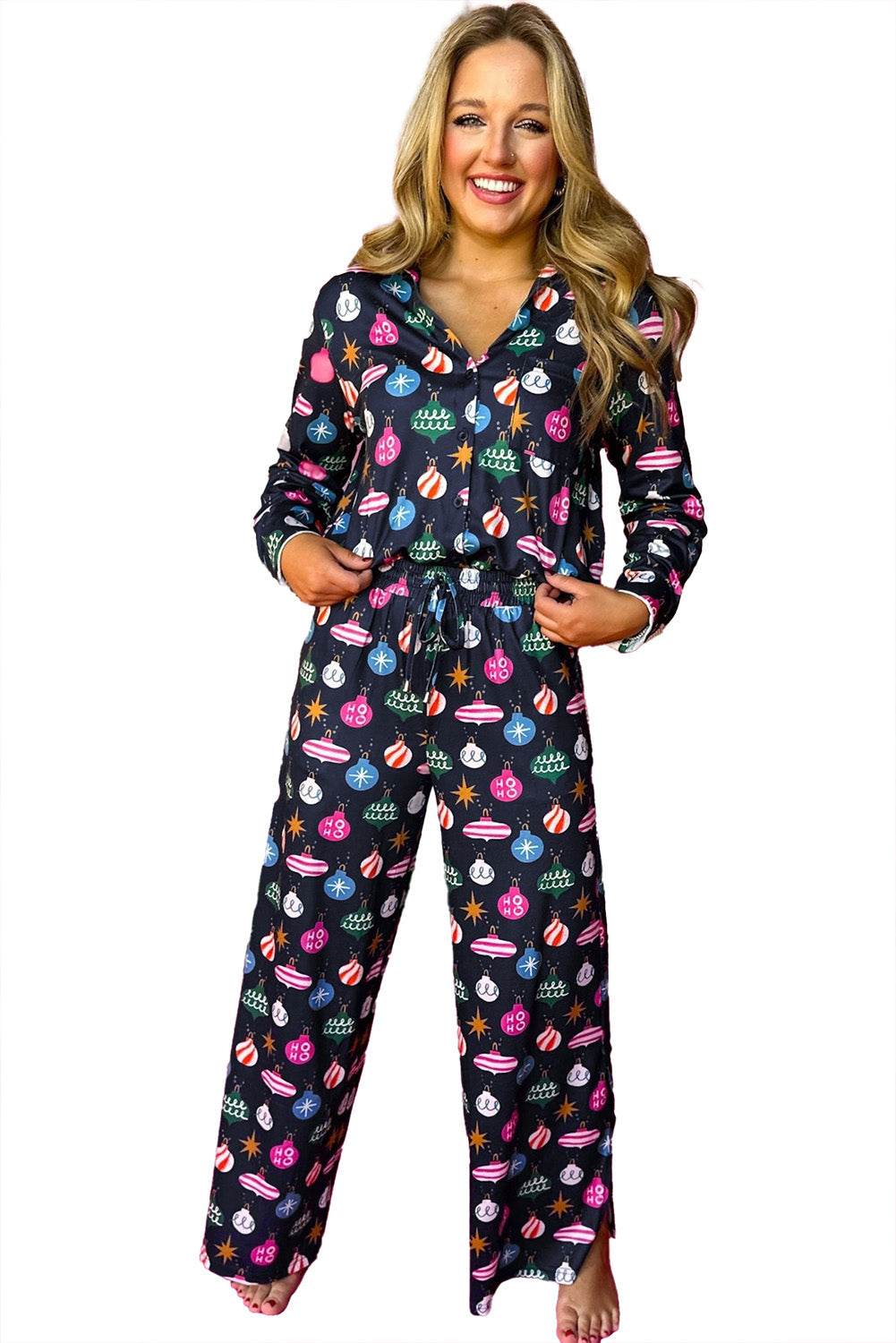 Festive Navy Blue Christmas Lights Pajama Set Cozy Shirt & Pants - Styles Woman