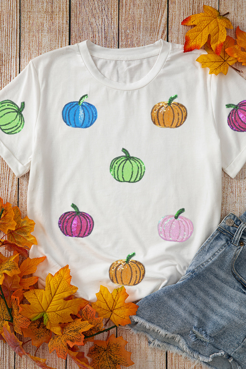 White Sequin Pumpkin Patched Cotton Blend T Shirt For Halloween