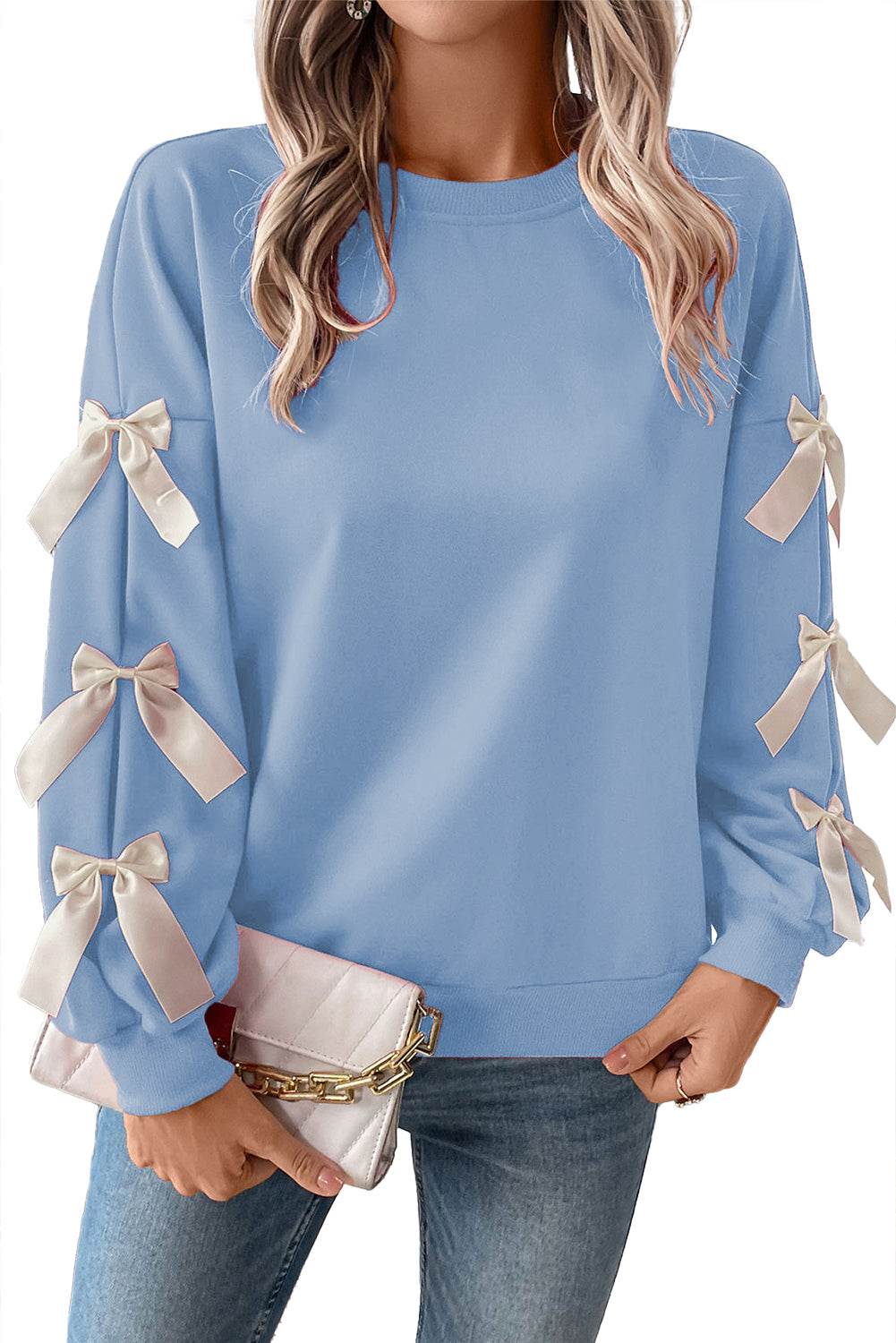 Fiery Red Sweet Bowknot Round Neck Valentine's Day Woman Sweatshirt - Styles Woman