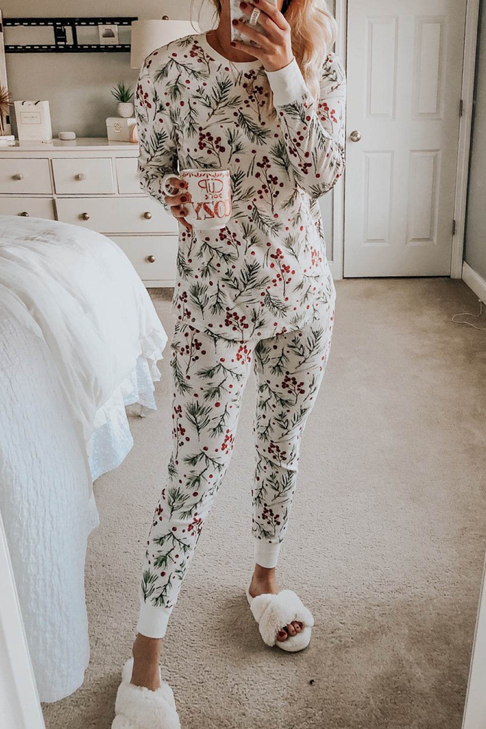 Festive White Holly Christmas Pajama Set Cozy Pullover & Pants - Styles Woman
