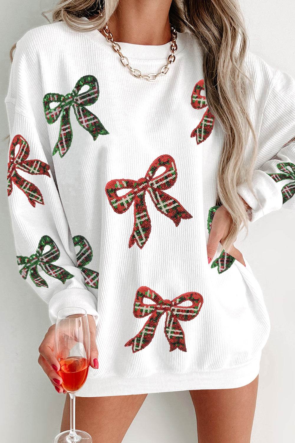 Stay Stylish White Plaid Bowknot Pattern Corded Sweatshirt