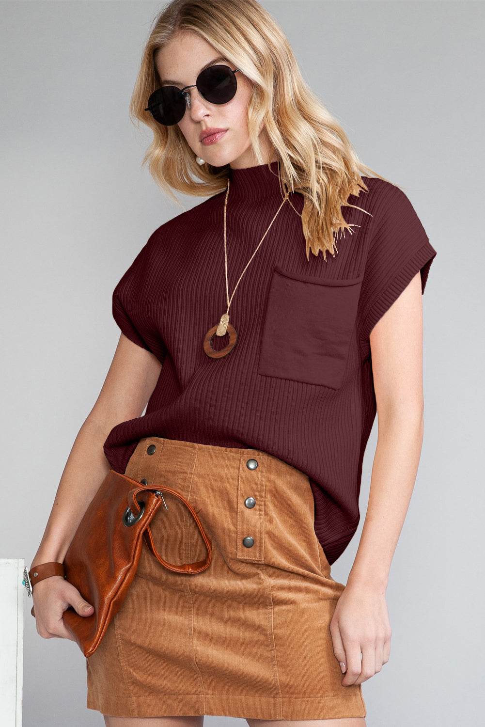 Women's Black Patch Pocket Ribbed Knit Short Sleeve Sweater