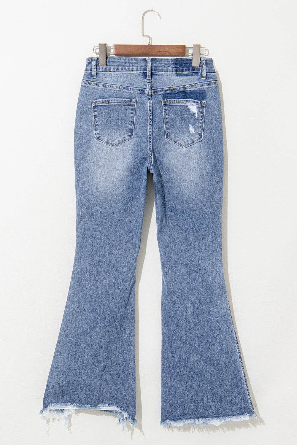 Women's Blue High Rise Ripped Distressed Hem Flared Jeans
