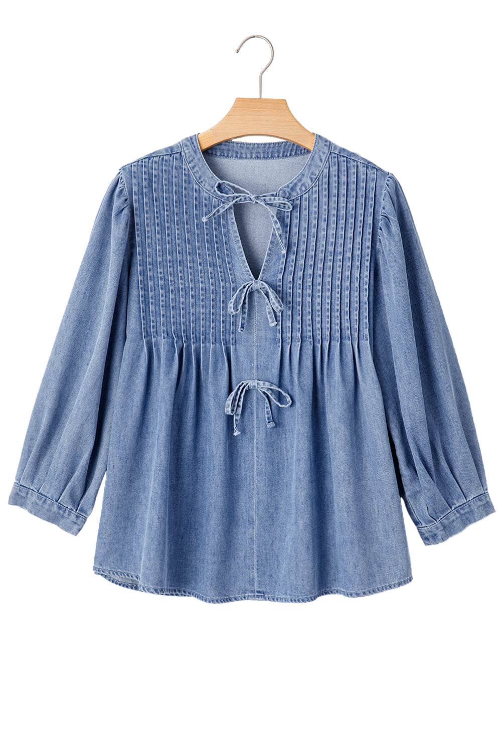 Trendy Denim Puff Sleeve Top Bow Tie Elegance in Every Detail