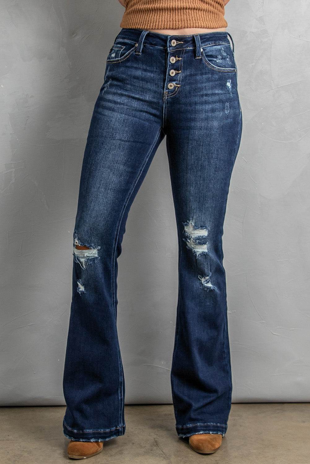 Upgrade Your Style with Dark Blue Washed Distressed Flare Jeans