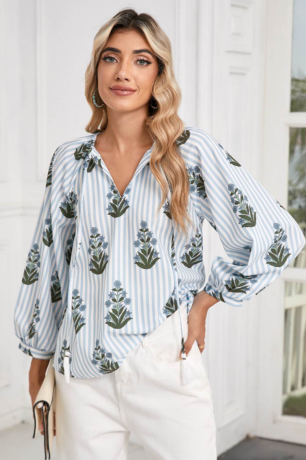 Stylish Beau Blue Floral Blouse Long Sleeves & Tie V Neck