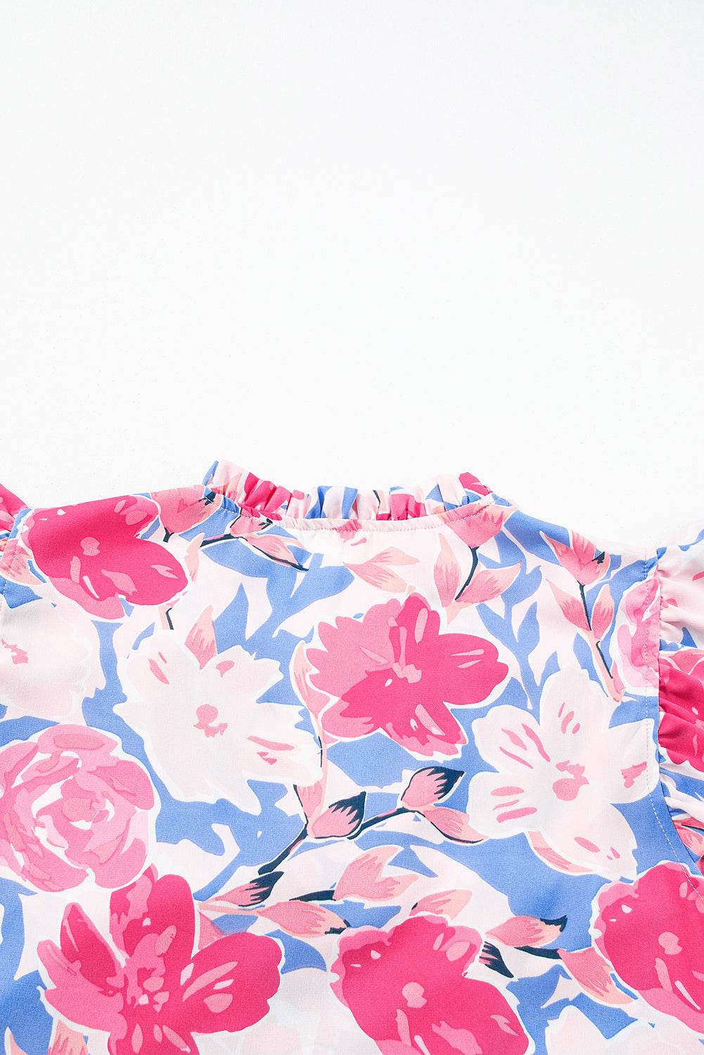Pink Floral Printed V Notched Ric Rac Flutter Short Dress