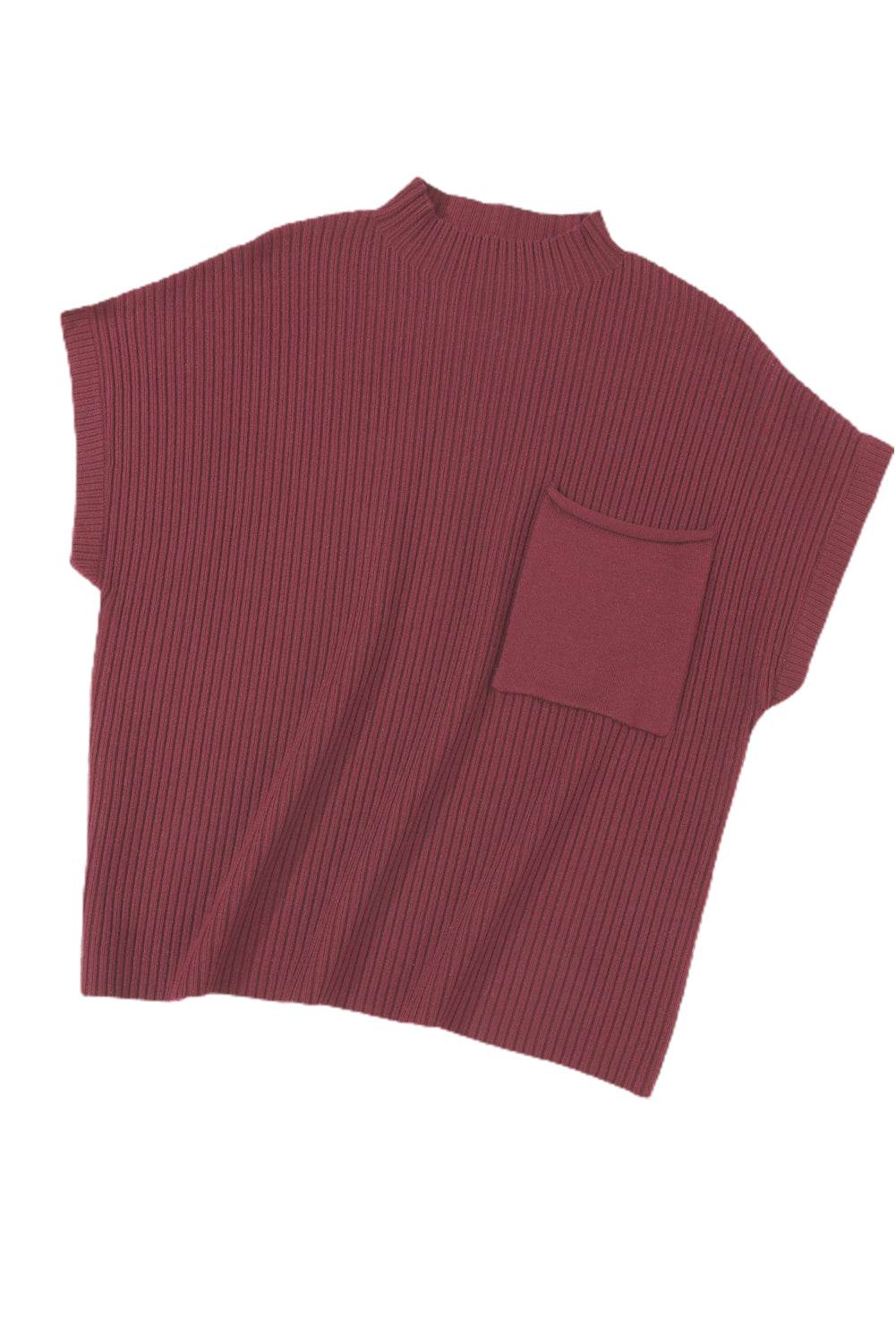Women's Black Patch Pocket Ribbed Knit Short Sleeve Sweater