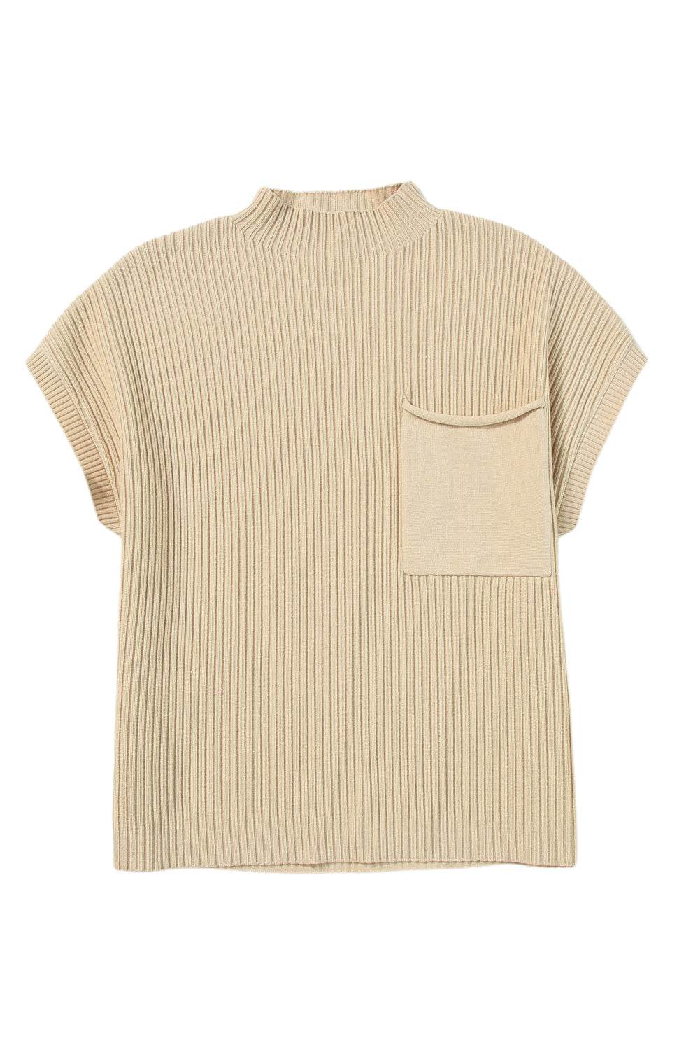 Women's Black Patch Pocket Ribbed Knit Short Sleeve Sweater