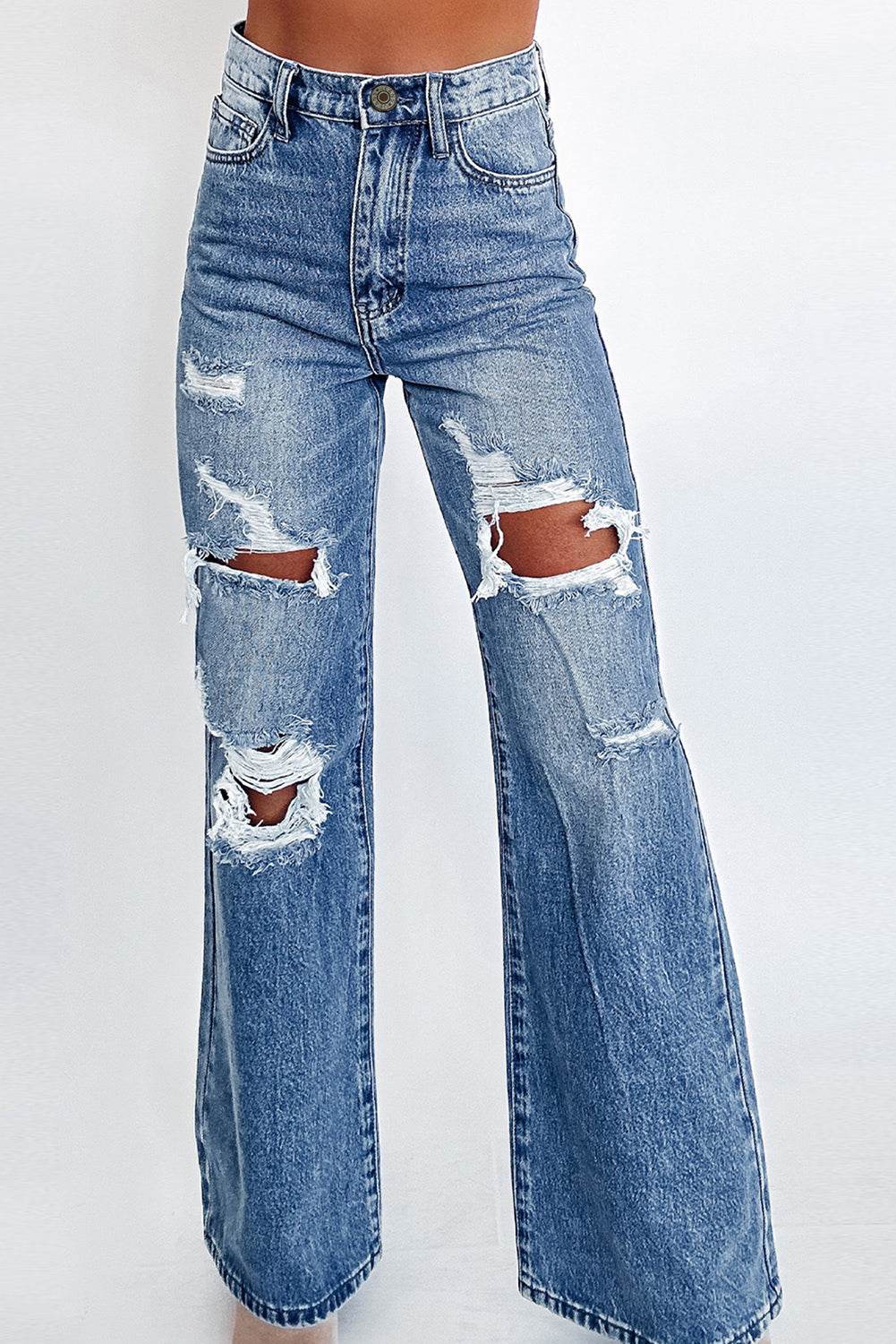 Women's Blue Acid Wash Distressed Wide Leg High Waist Jeans