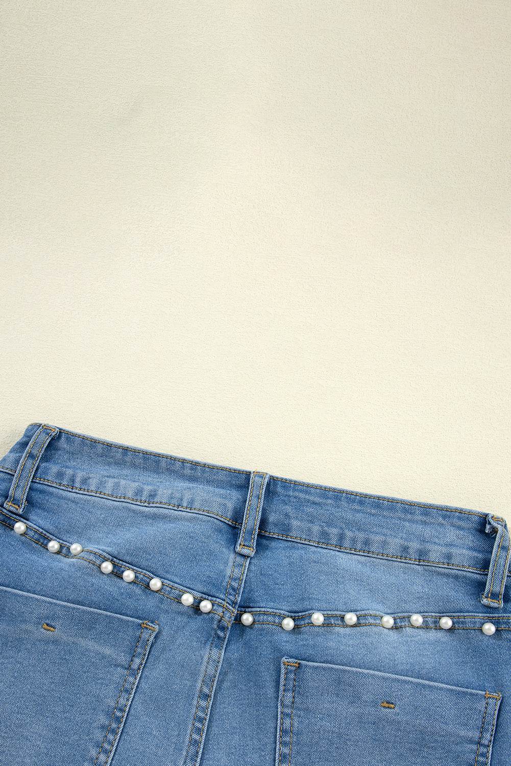 Trending Dusk Blue Flared Jeans High Waist & Pearl Details