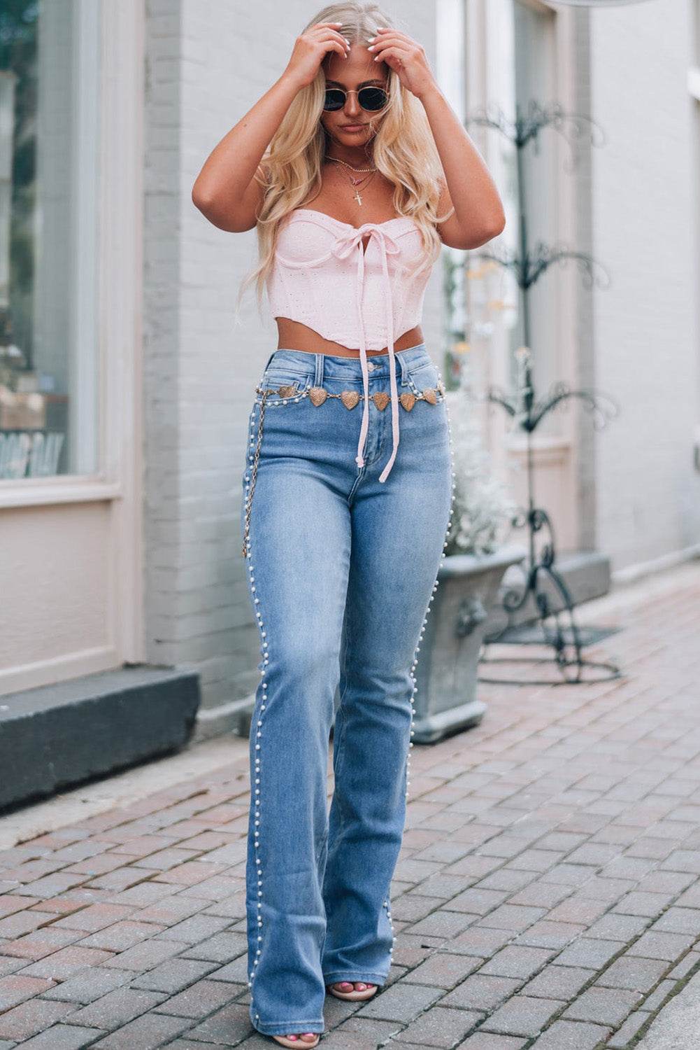 Trending Dusk Blue Flared Jeans High Waist & Pearl Details