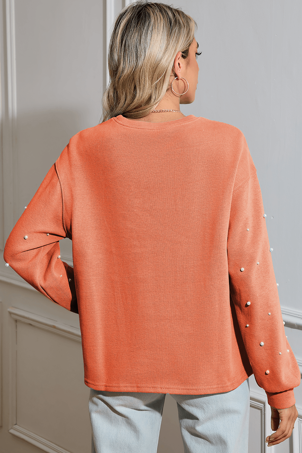 Stylish Myosotis Pearl Sleeves Pullover Sweatshirt Trendy Look