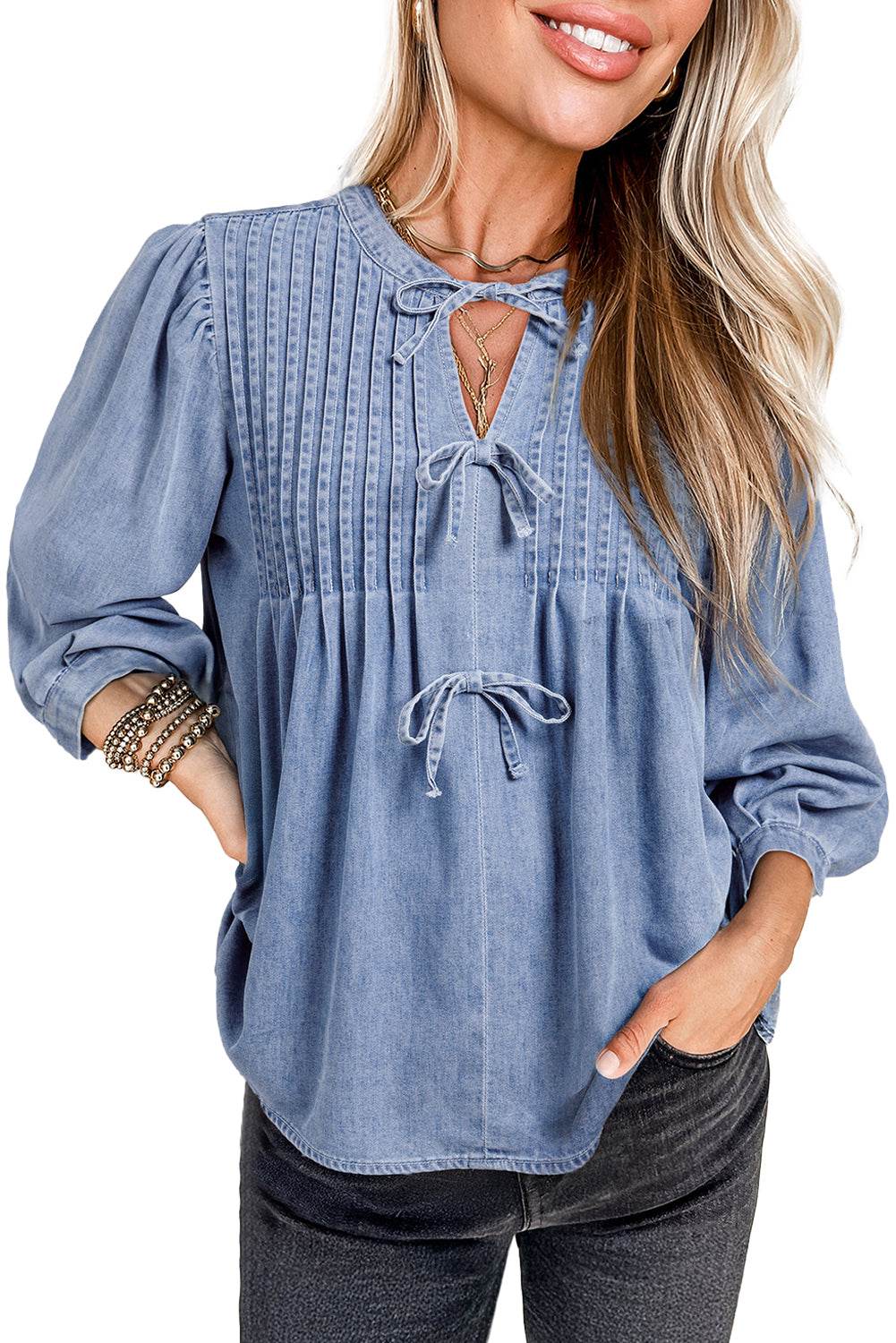 Trendy Denim Puff Sleeve Top Bow Tie Elegance in Every Detail