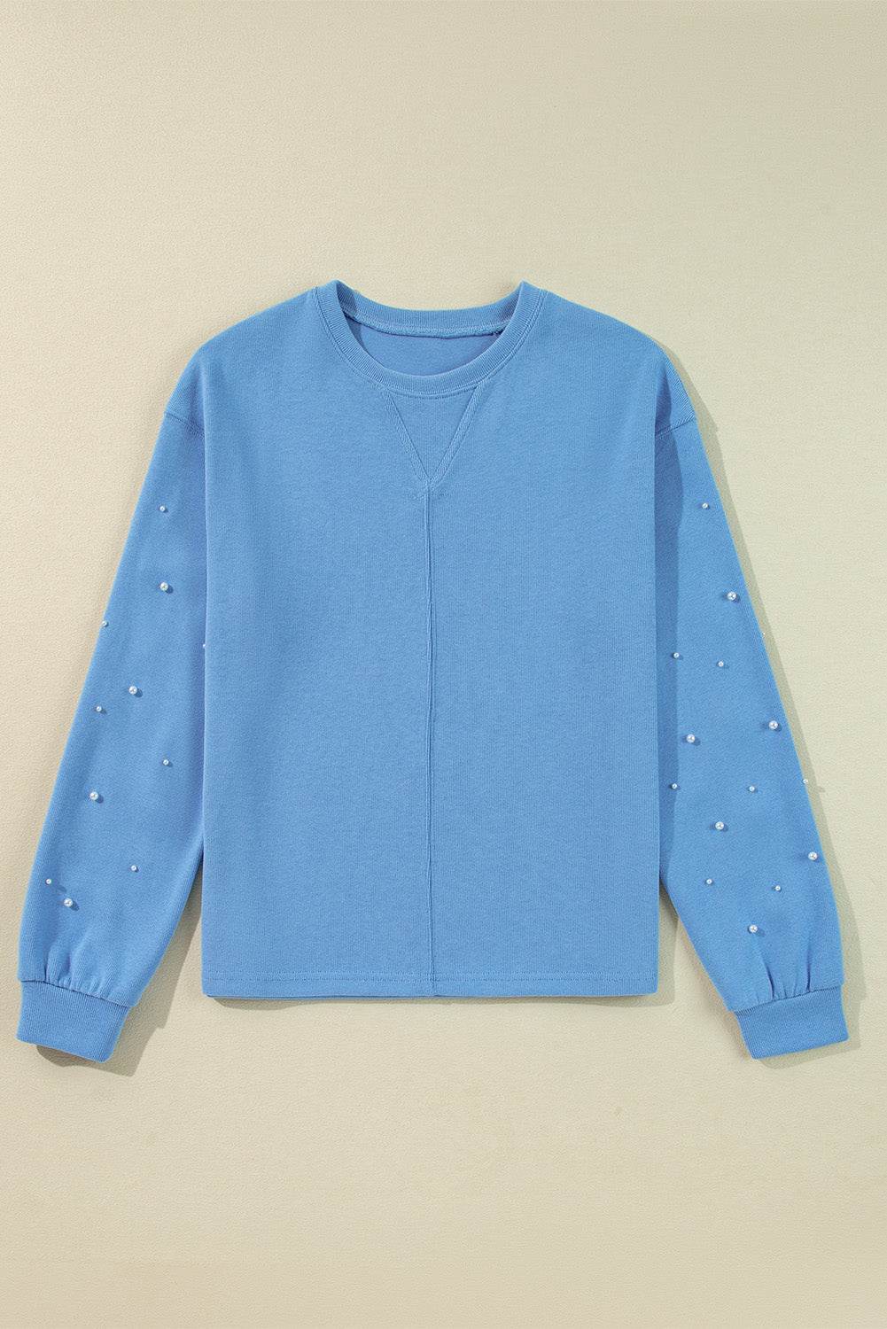 Stylish Myosotis Pearl Sleeves Pullover Sweatshirt Trendy Look