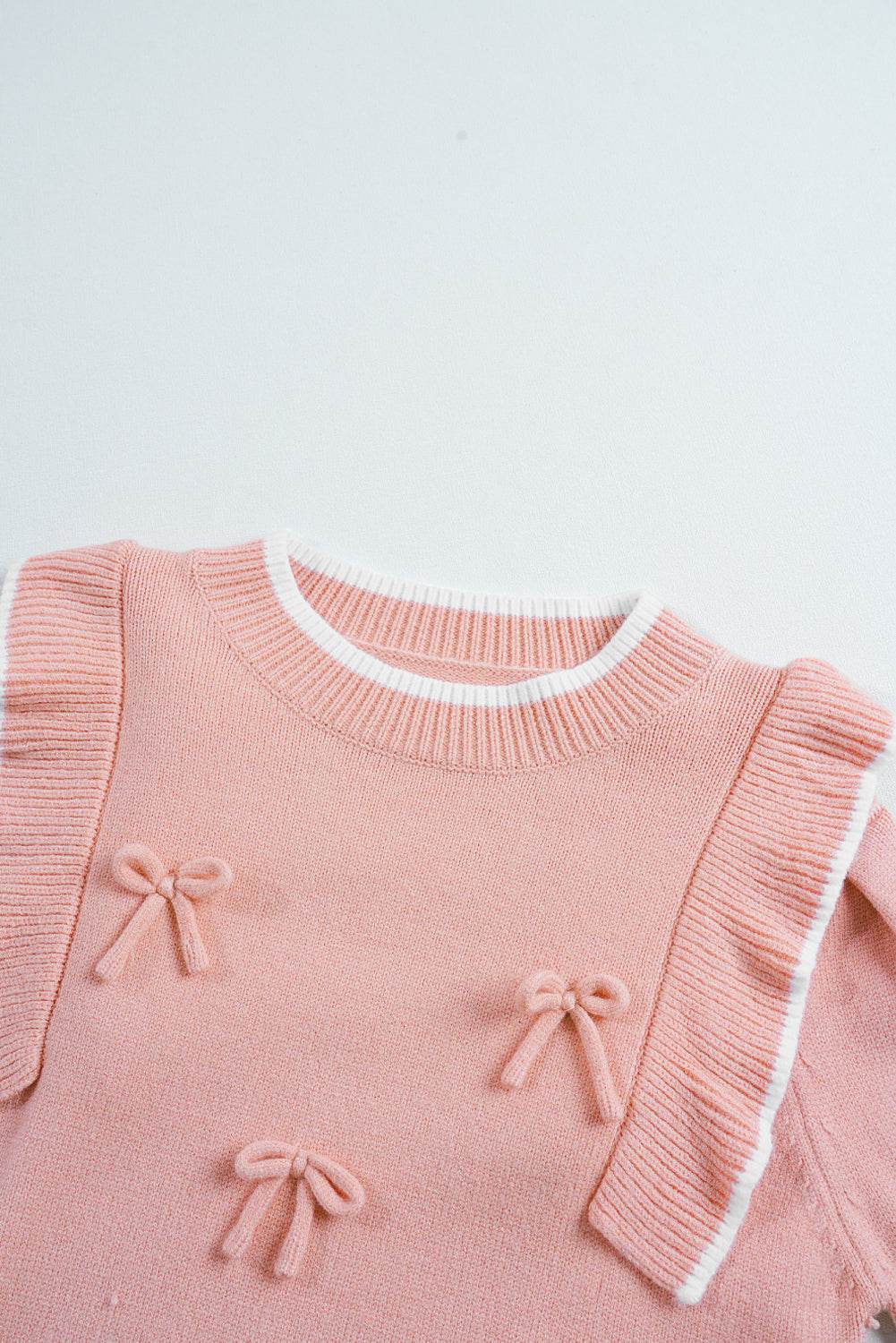 Women's Light Pink Bow Detail Contrast Trim Ruffle Sweater Outfit