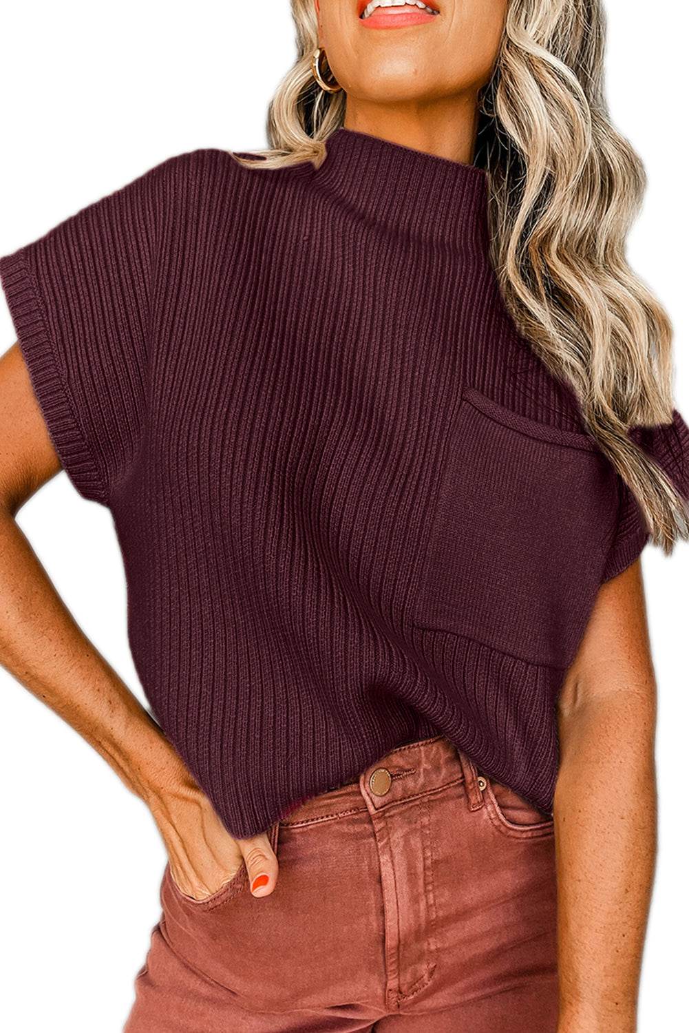 Women's Black Patch Pocket Ribbed Knit Short Sleeve Sweater