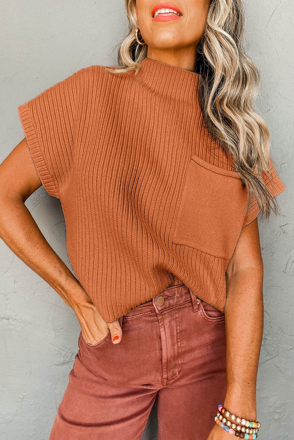 Women's Black Patch Pocket Ribbed Knit Short Sleeve Sweater