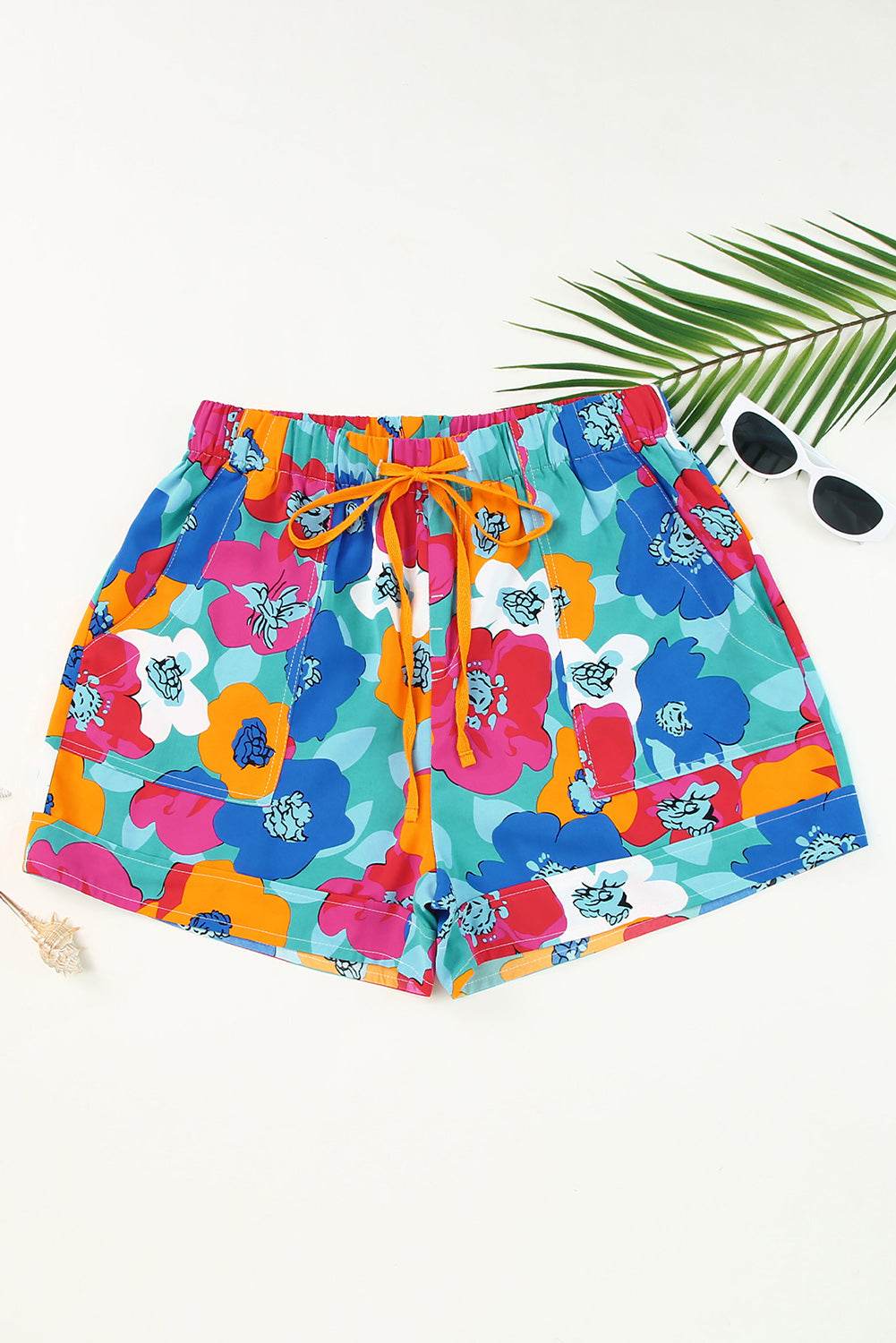 Stylish Multicolor Floral Print Drawstring Waist Shorts For Women