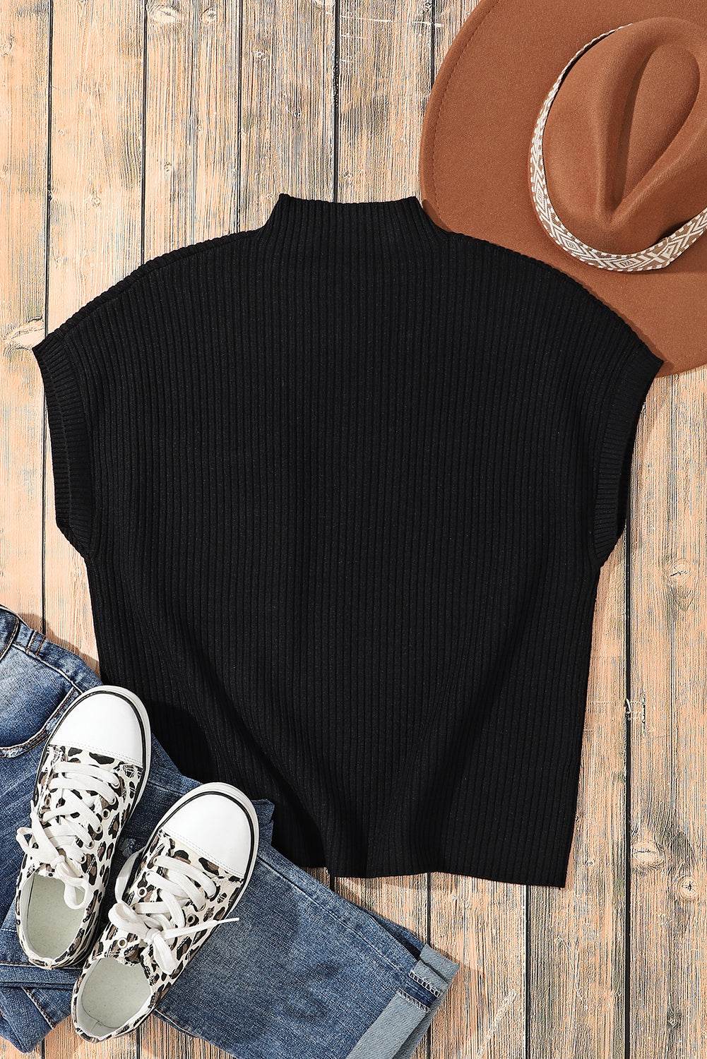 Women's Black Patch Pocket Ribbed Knit Short Sleeve Sweater