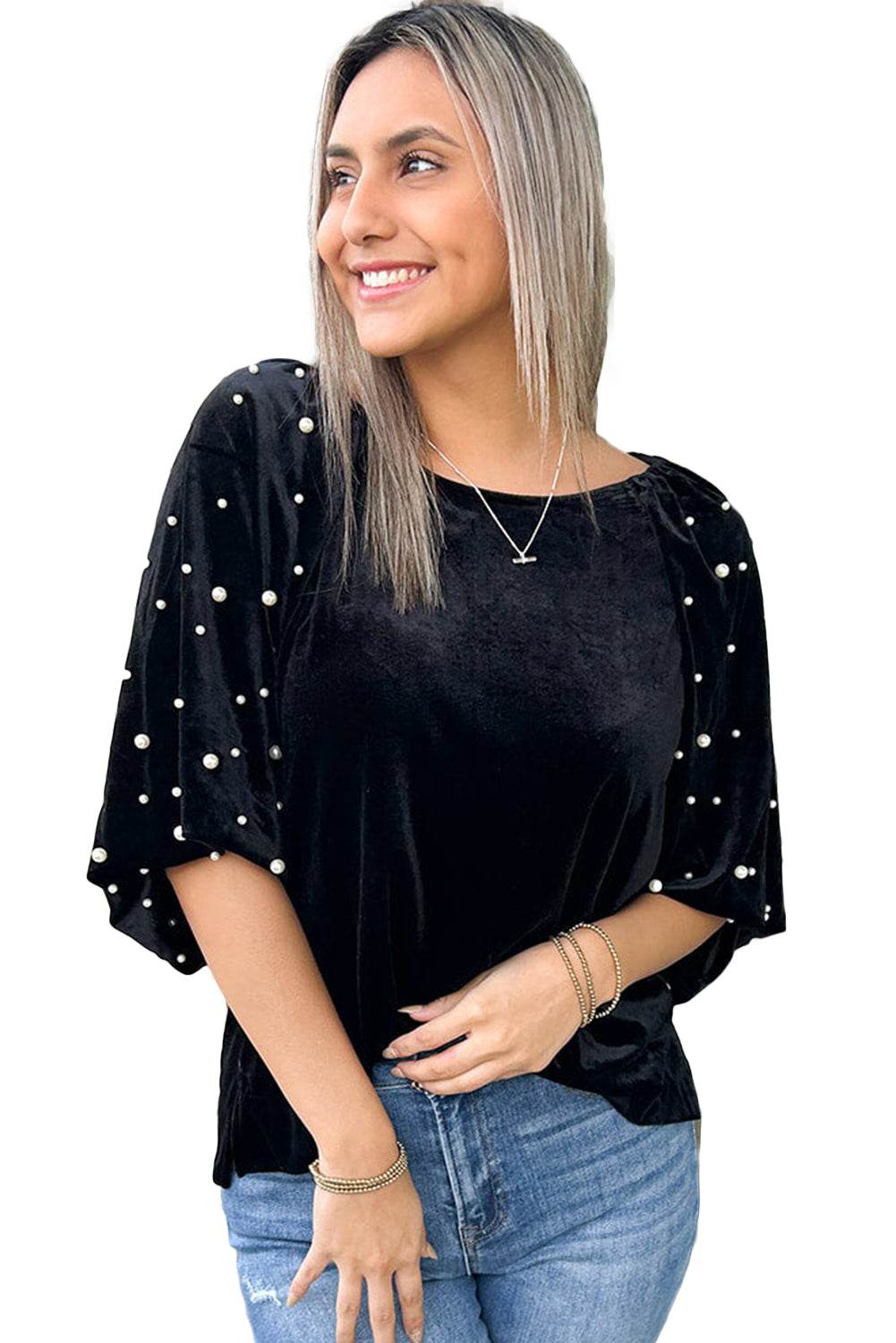 Trendy Black Velvet Top Beaded Pearls & Half Sleeves Elegance