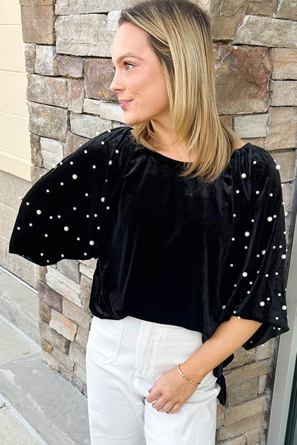 Trendy Black Velvet Top Beaded Pearls & Half Sleeves Elegance