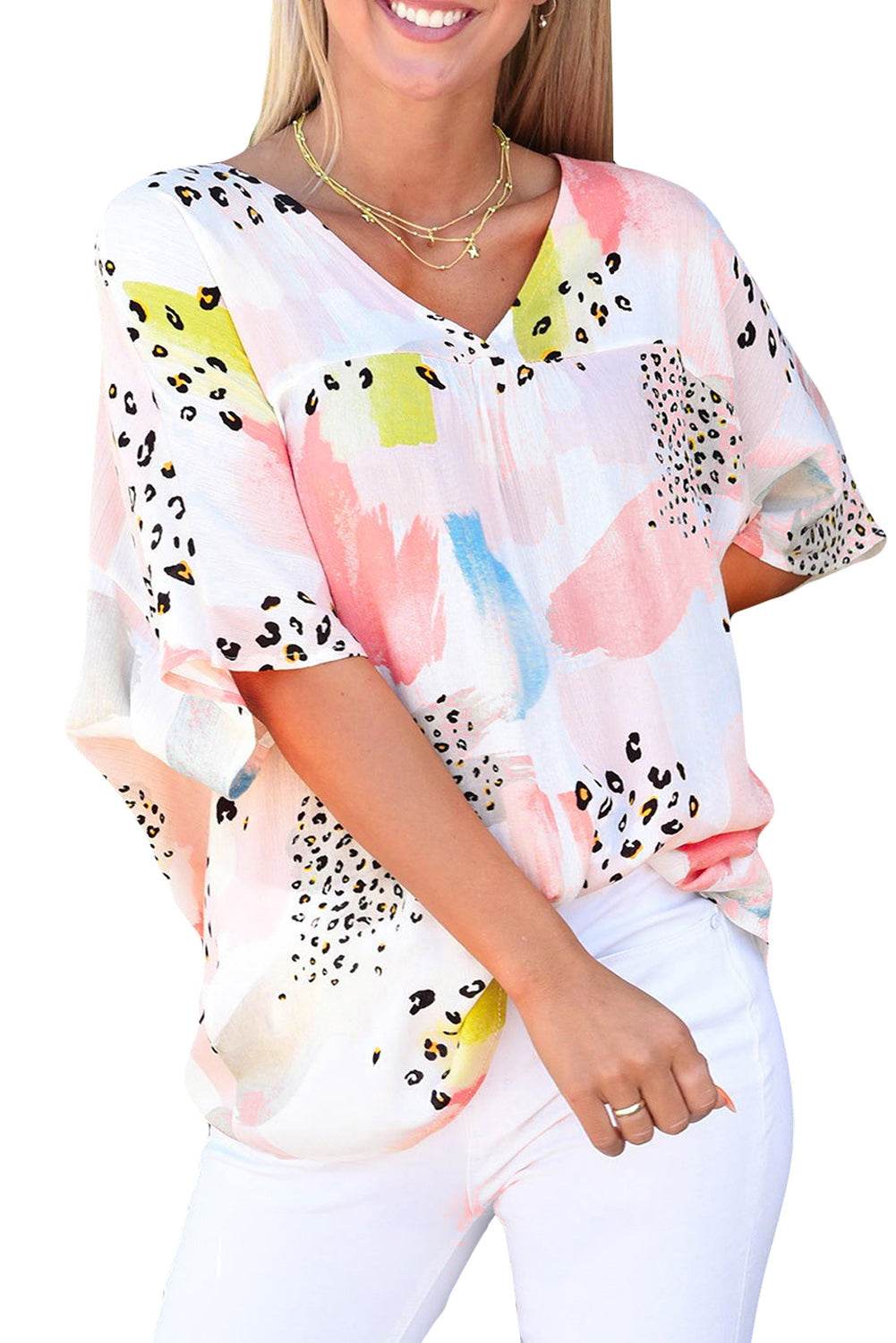 Stylish Tie Dye Blouse White Leopard Print & Keyhole Back Fit