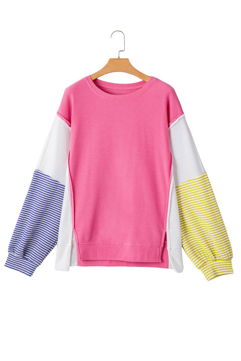 Rose Red Striped Color Block Top Chic Plus Size Long Sleeve Style