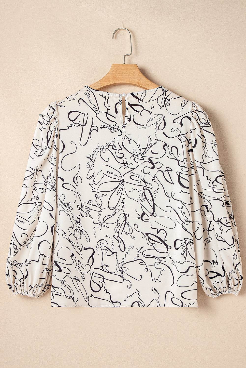 Stylish Beige Abstract Blouse Crew Neck & Balloon Sleeves