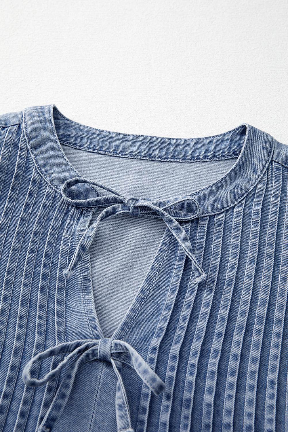 Trendy Denim Puff Sleeve Top Bow Tie Elegance in Every Detail