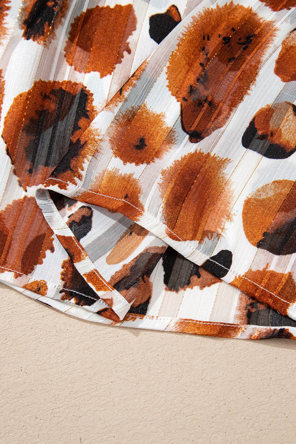 Stylish Brown Abstract Blouse Ruffle 3 4 Sleeve Tie Neck Chic