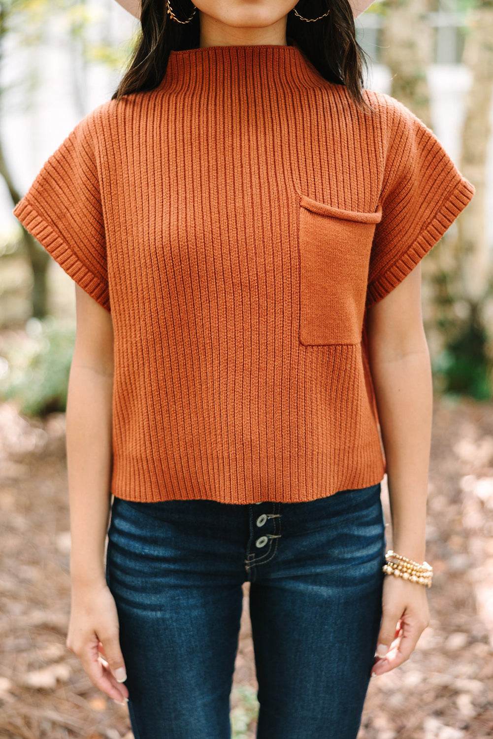 Women's Black Patch Pocket Ribbed Knit Short Sleeve Sweater