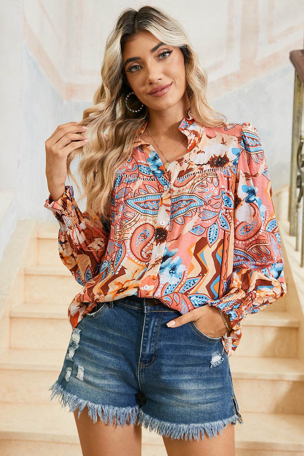 Stylish Floral Loose Fit Shirt Orange Print & Shirred Cuffs