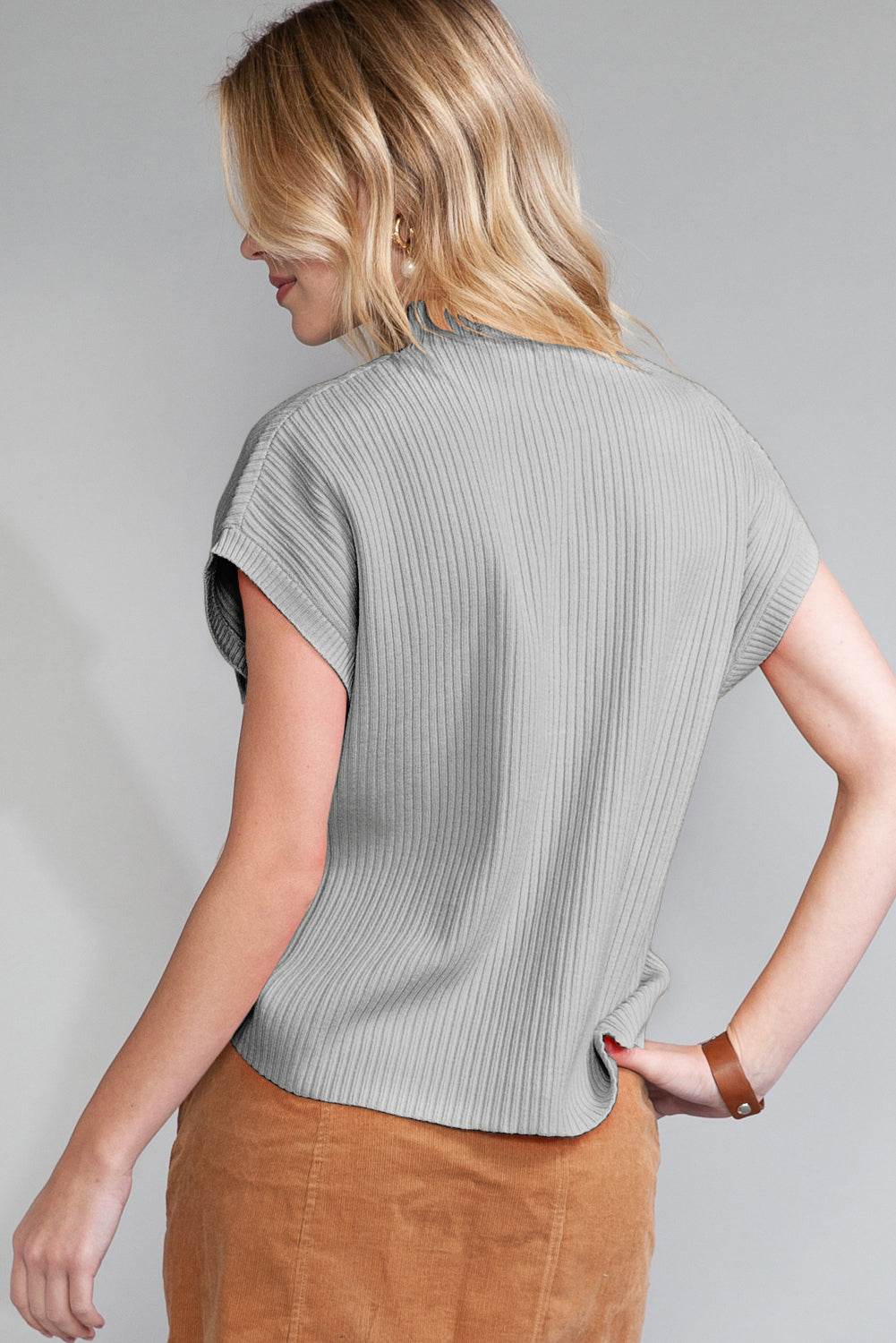 Women's Black Patch Pocket Ribbed Knit Short Sleeve Sweater