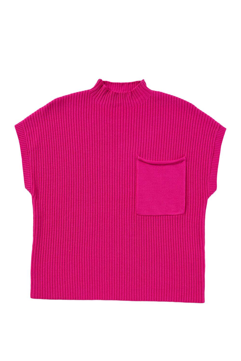 Women's Black Patch Pocket Ribbed Knit Short Sleeve Sweater