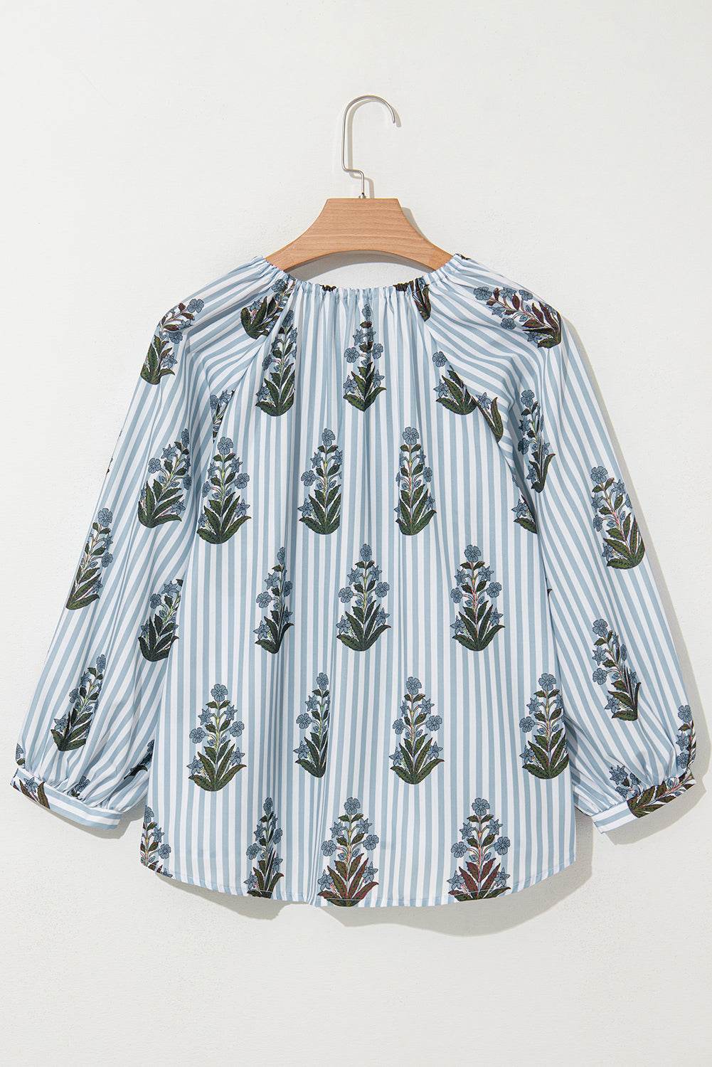 Stylish Beau Blue Floral Blouse Long Sleeves & Tie V Neck