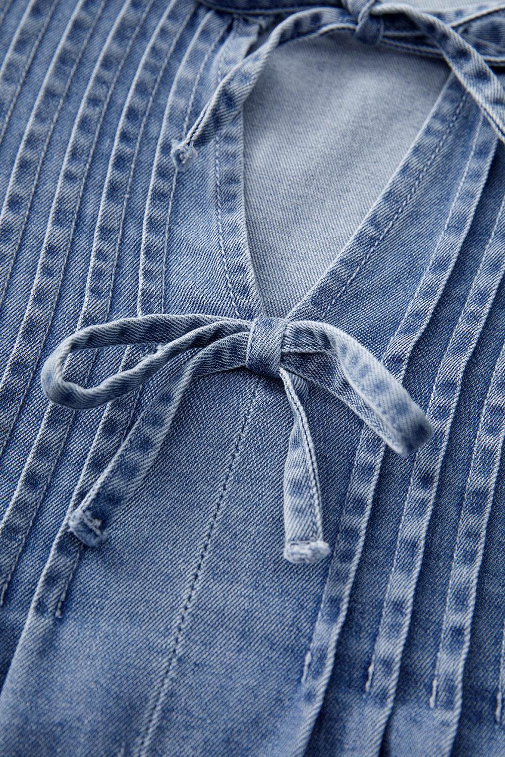 Trendy Denim Puff Sleeve Top Bow Tie Elegance in Every Detail