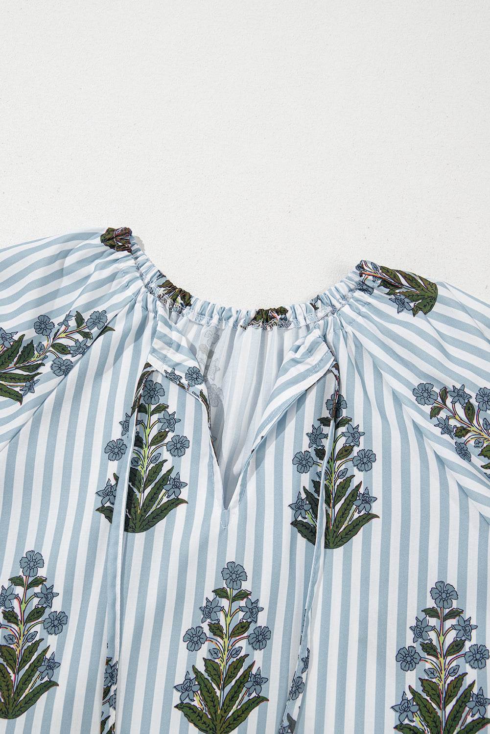 Stylish Beau Blue Floral Blouse Long Sleeves & Tie V Neck