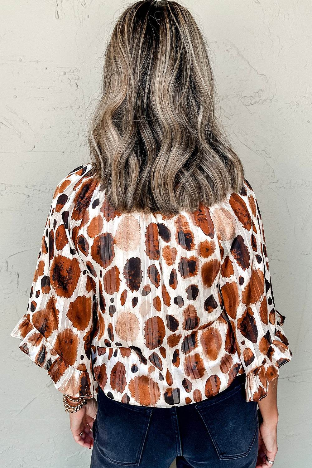 Stylish Brown Abstract Blouse Ruffle 3 4 Sleeve Tie Neck Chic
