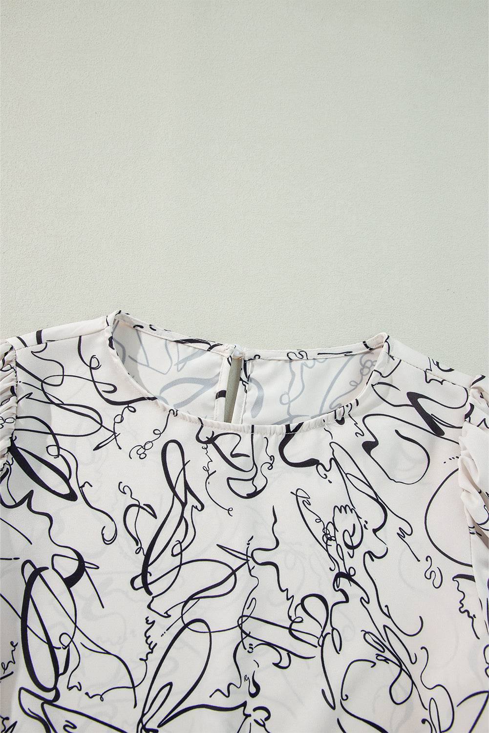 Stylish Beige Abstract Blouse Crew Neck & Balloon Sleeves
