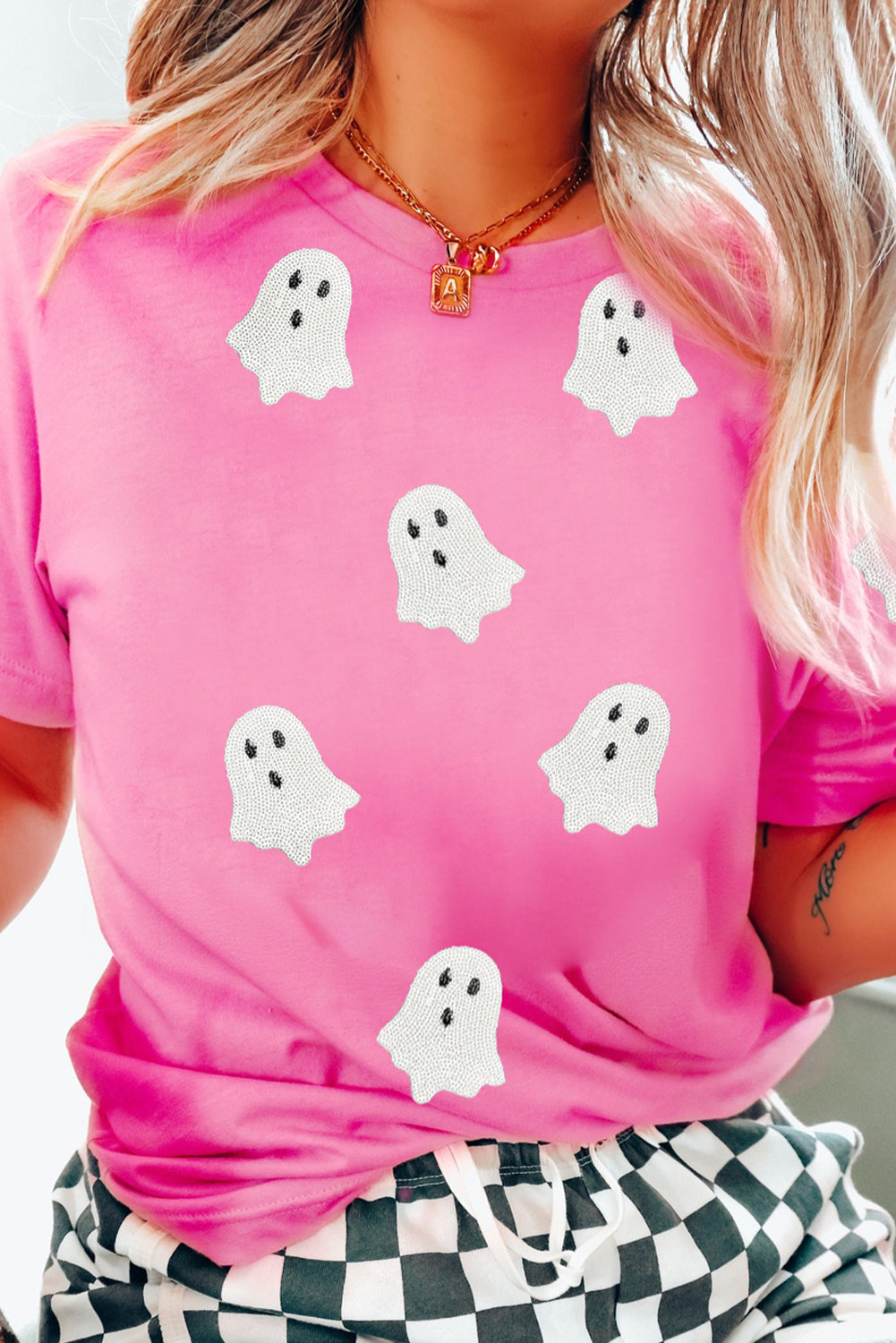 Black Halloween Ghost Sequins Patch Casual T Shirt