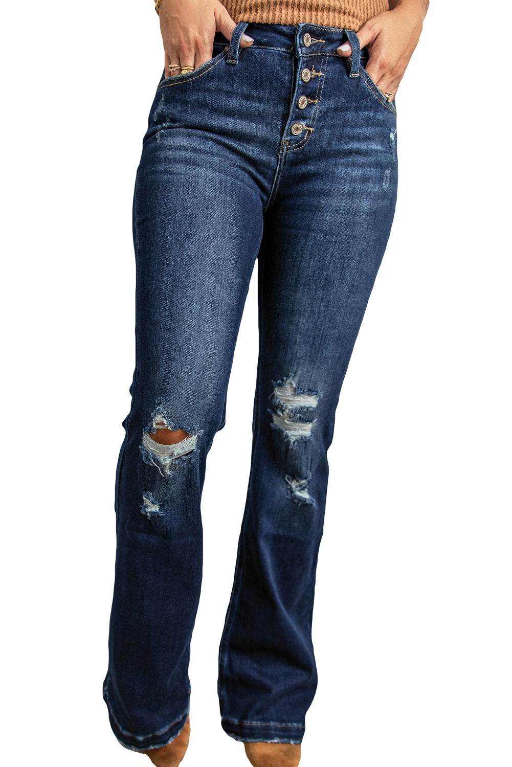 Upgrade Your Style with Dark Blue Washed Distressed Flare Jeans