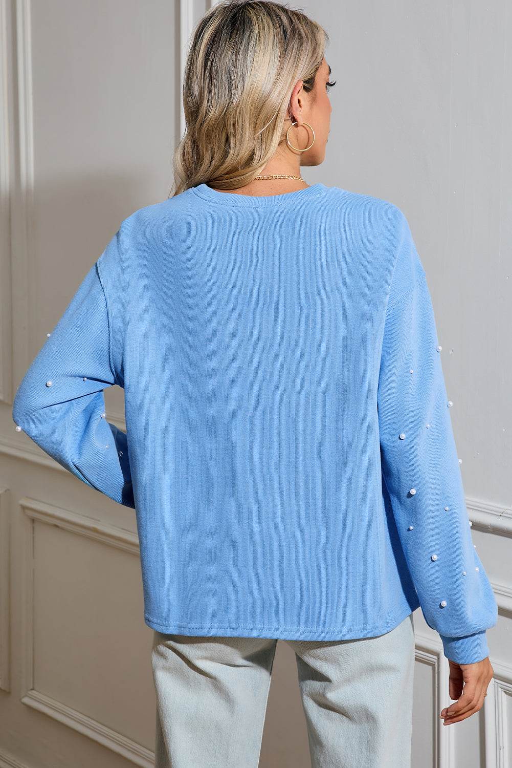 Stylish Myosotis Pearl Sleeves Pullover Sweatshirt Trendy Look