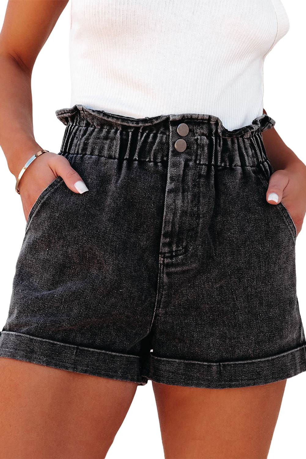 Trendy Stylish Vintage Washed Frilled High Waist Denim Shorts