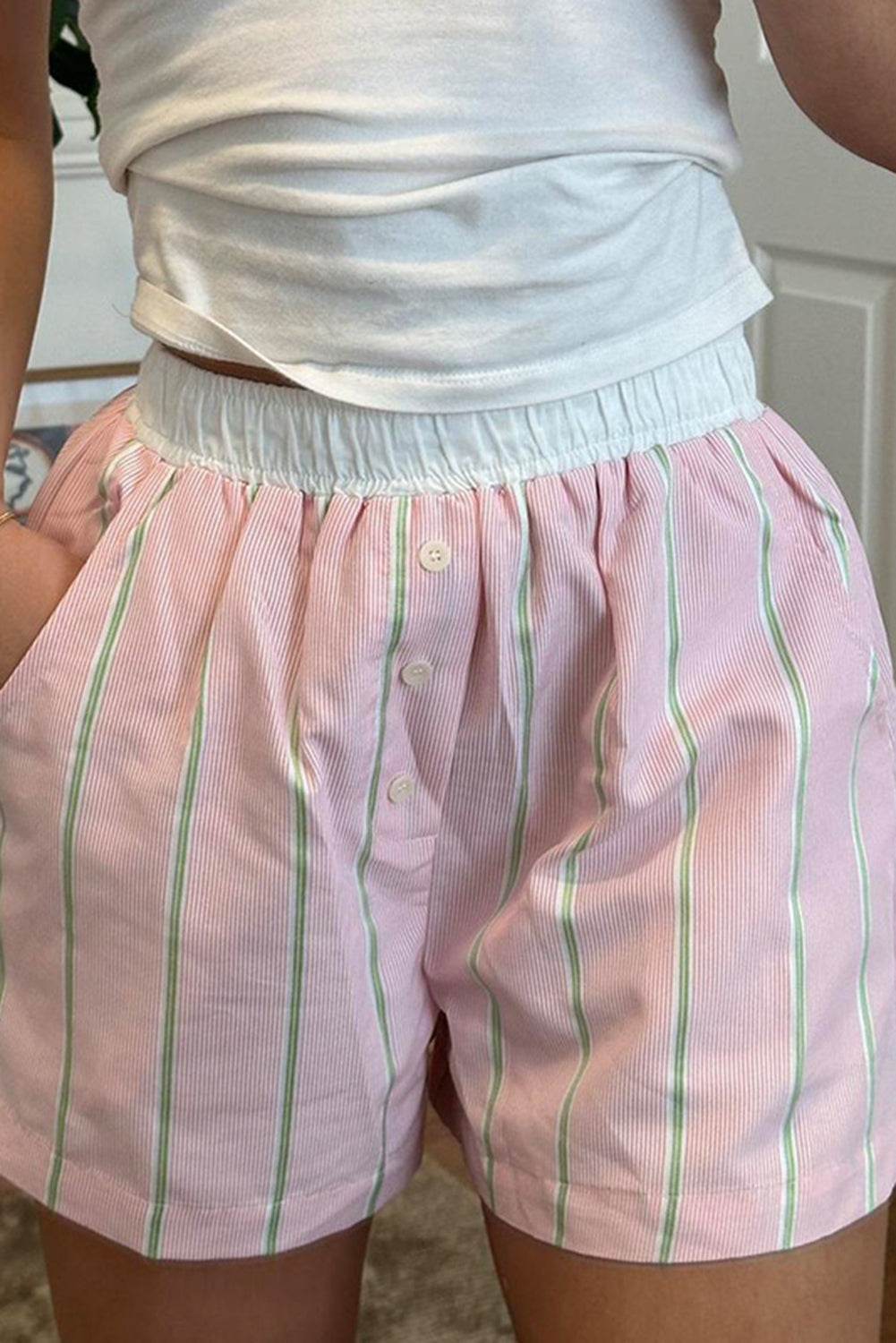Trendy Stylish Pink Stripe Clashing Button Loose Pocket Shorts