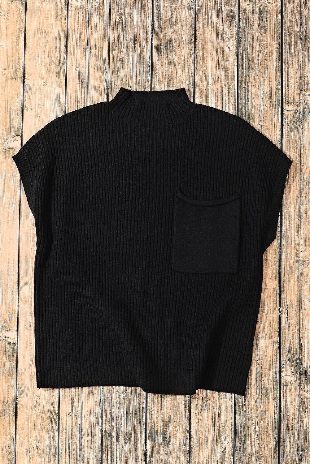 Women's Black Patch Pocket Ribbed Knit Short Sleeve Sweater