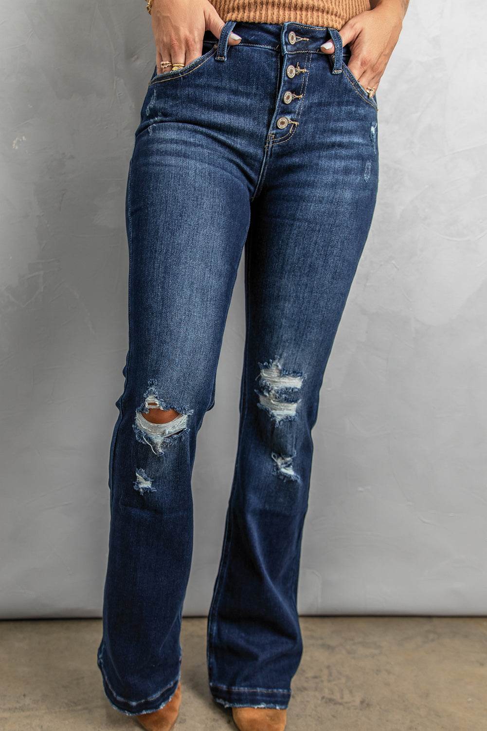 Upgrade Your Style with Dark Blue Washed Distressed Flare Jeans